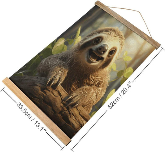 Vintage Cartoon Sloth Poster with Wooden Frame Personalized Linen Hanging Scroll Painting Rustic Wall Hanging Illustrative Modern Artwork Decor for Home Living Room Bedroom Office