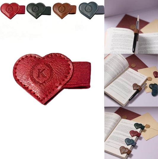 Magnetic Leather Bookmarks with Pen Holder, 26 Letters Name Initial Custom Personalized Heart-Shaped Book Marks for Book Lover Readers, Bygone Cute Leather Bookmark Gift for Women,Girls (Red,K)