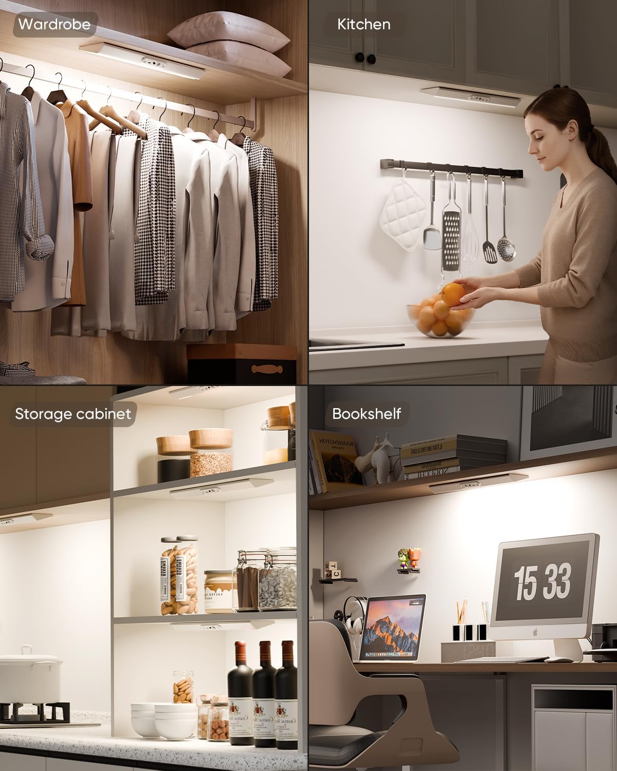 Motion Sensor Closet Lights, Eye Protection Design Cabinet Lighting Wireless with Remote, 3 Color Temps & Dimmable, Magnetic, Rechargeable LED Closet Lighting for Kitchen, Wardrobe, Pantry