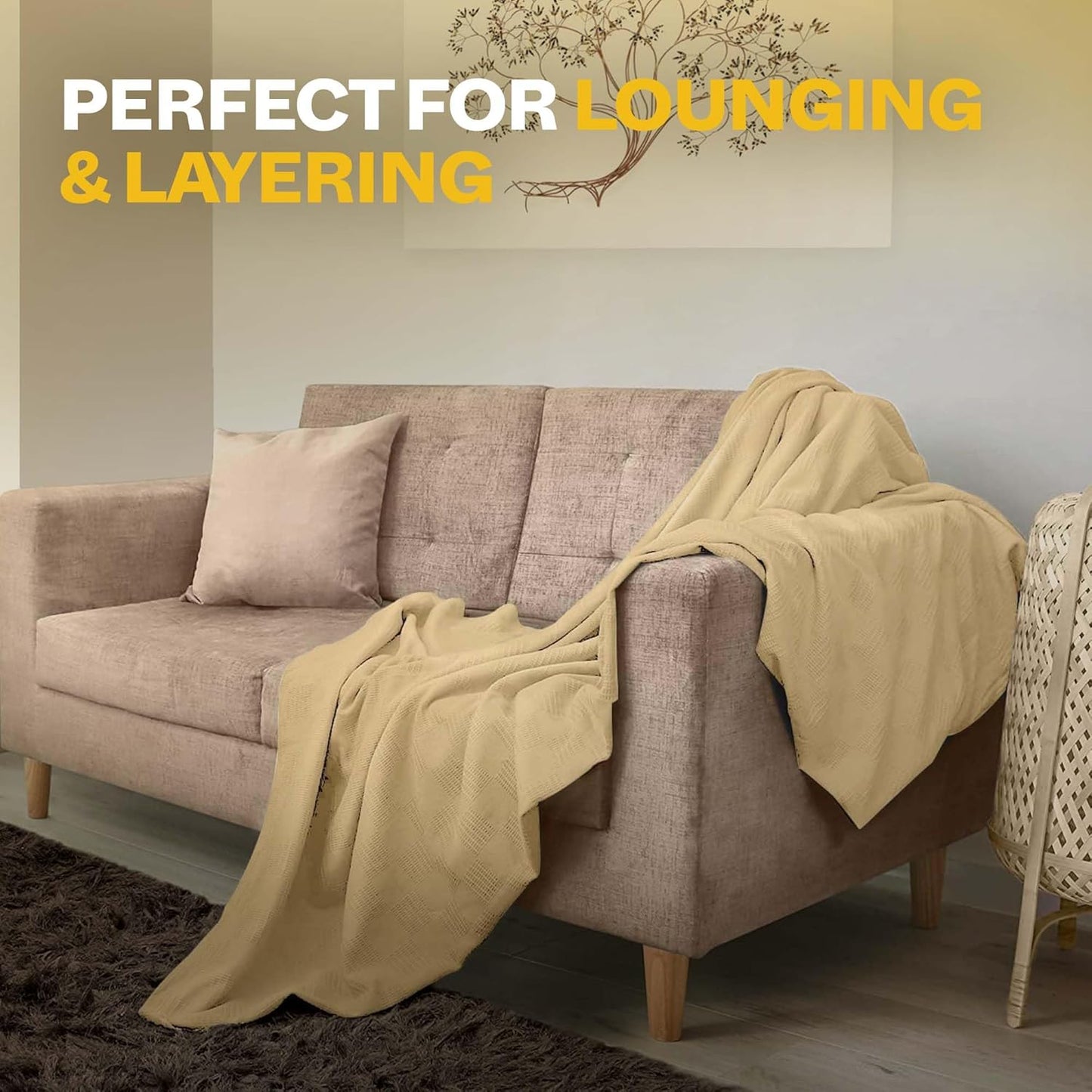 Avalon Bedding 100% Cotton Blanket Twin Size Thermal Blanket (72"x90") - Perfect Cotton Blankets Twin Size for Layering Bed in Any Season - Cotton Blankets for Bed (Beige)