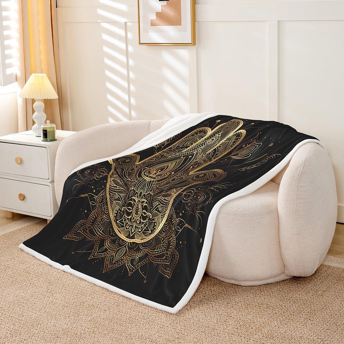 Gold Hamsa Hand Throw Blanket Black Gold Mandala Fleece Blanket Boho Bed Blanket for Kids Teens Boys Girls Room Decor, Lucky Hand of Fatima Flannel Blanket, Twin Size (60 x 80 Inches)