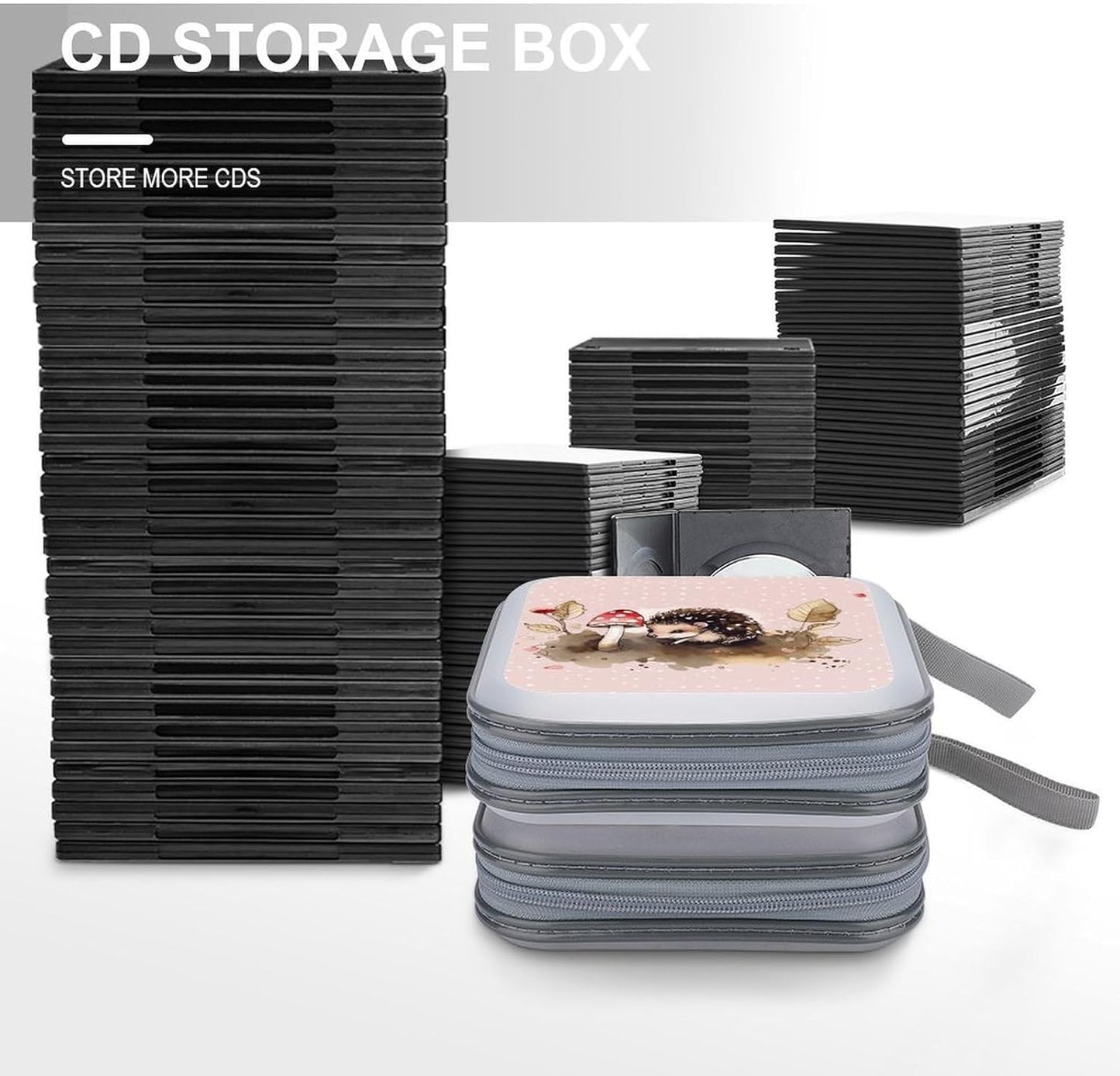 Hedgehog Watercolor Painting CD Case 40 Capacity Case Zipper CD Collection Bag with Handles Cover DVD Storage Hard Plastic DVD Disc Cases Storage Binder for Car Home Office Travel