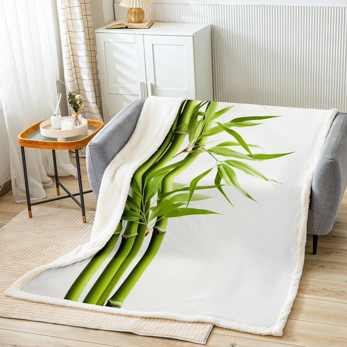Feelyou Bamboo Pattern Fleece Throw Blanket Green White Sherpa Blanket for Teens Nature Plants Plush Blanket Nutrue Theme Fuzzy Blanket for Sofa Bed Couch,Queen 90x90 Inches