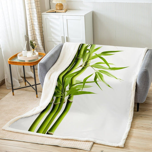 Feelyou Bamboo Pattern Fleece Throw Blanket Green White Sherpa Blanket for Teens Nature Plants Plush Blanket Nutrue Theme Fuzzy Blanket for Sofa Bed Couch,Queen 90x90 Inches