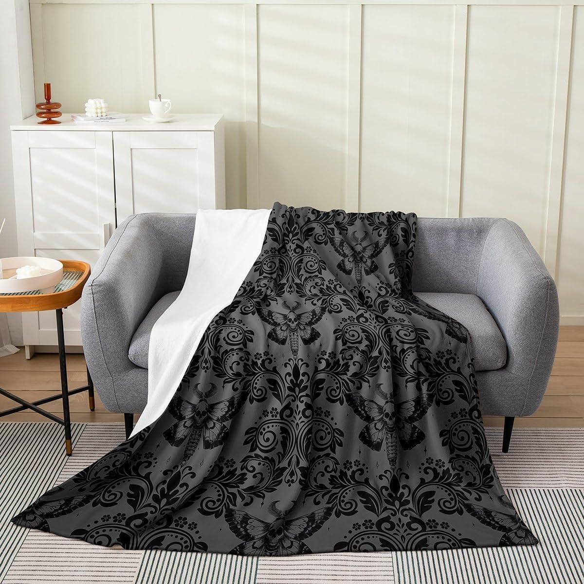 Feelyou Adults Dark Olive Green Vintage Damask Floral Fleece Throw Blanket Oriental Antique Plush Blanket Queen 90"x90" Gothic Boho Flower Fuzzy Blanket Gothic Skull