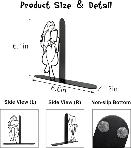 Reading Bookends Decorative for Shelves - Girl Reading Statue Bookends, Metal Black Book Ends Decor for Heavy Books, Novelty Bookish Decor for Home Library, Book Lovers Gift for Women & Students