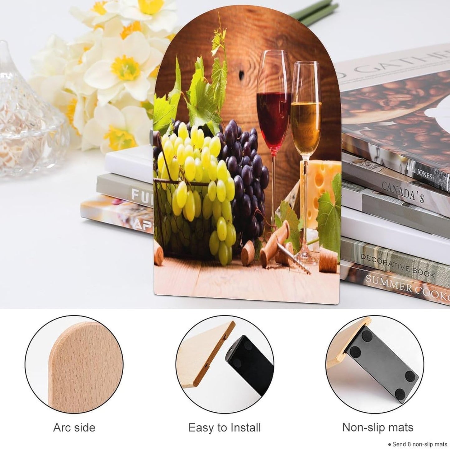 Wine and Grapes Wooden Bookend Non-Slip Book Ends Heavy Duty Book Stopper with Metal Base Books Holderd Decorative Bookends Stands Firmly for Office Supplies