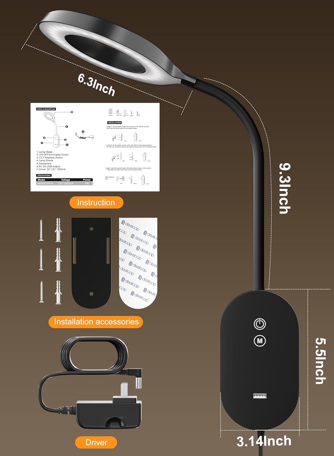 Wall Mounted Reading Light, Bedside Headboard Lights with 10W USB Output Fast, 5 Dimmable & 4 Color Temperature, Memory Function, 4-Hour Auto Off, Flexible Rotation 3000K-6000K Bed Wall Lamp (Black)