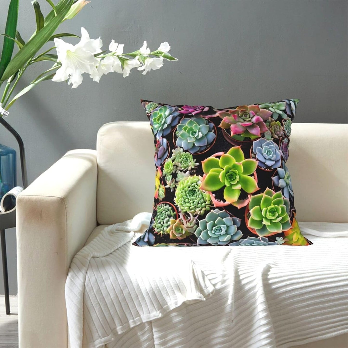 All-Season Square Pillow Covers 18"X18", Colorful Succulent, Decorative Throw Pillow Covers for Sofa Bed Couch, Hidden Zipper Cushion Cover, Square Lumbar & Accent Pillowcases for Home Decor