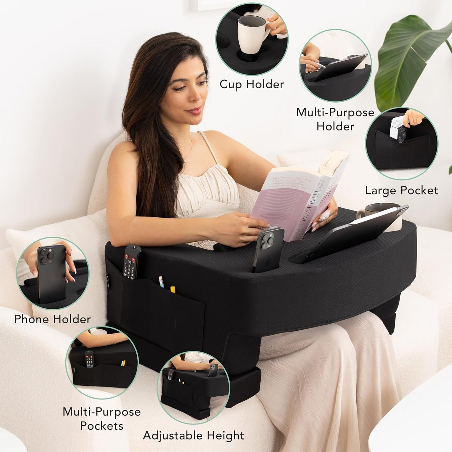 Reading Pillow for Gaming – Extra Large Lap Desk & Arm Rest with Cup & Phone Holder, Adjustable Heights, Laptop Support, Large Pockets – Comfortable for Work, Gaming & Crocheting (Black)