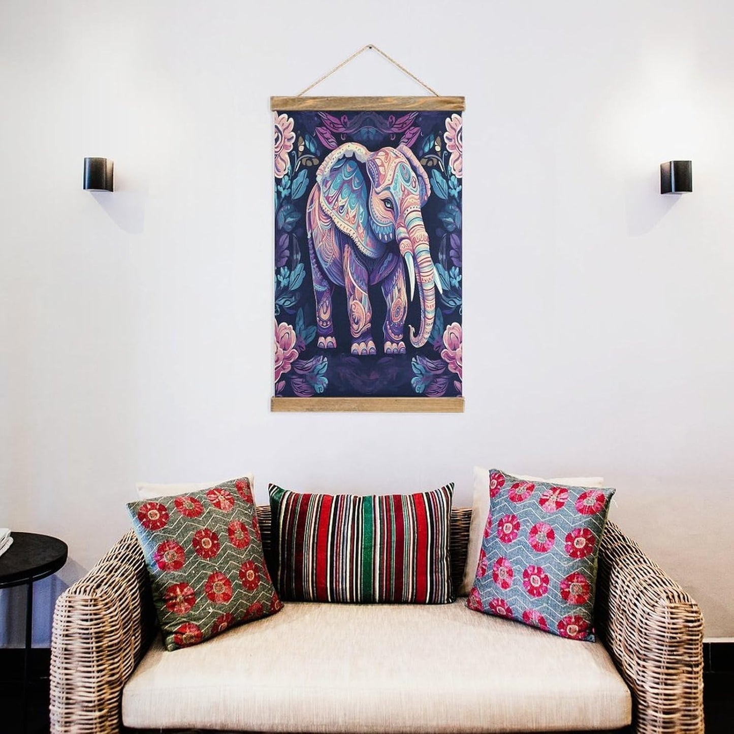 Vintage Purple Elephant Poster with Wooden Frame Personalized Linen Hanging Scroll Painting Rustic Wall Hanging Illustrative Modern Artwork Decor for Home Living Room Bedroom Office