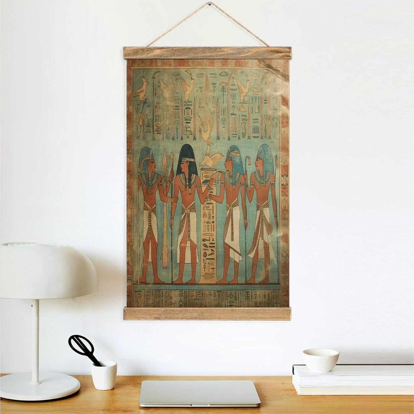 Vintage Women in Ancient Egypt Poster with Wooden Frame Personalized Linen Hanging Scroll Painting Rustic Wall Hanging Illustrative Modern Artwork Decor for Home Living Room Bedroom Office