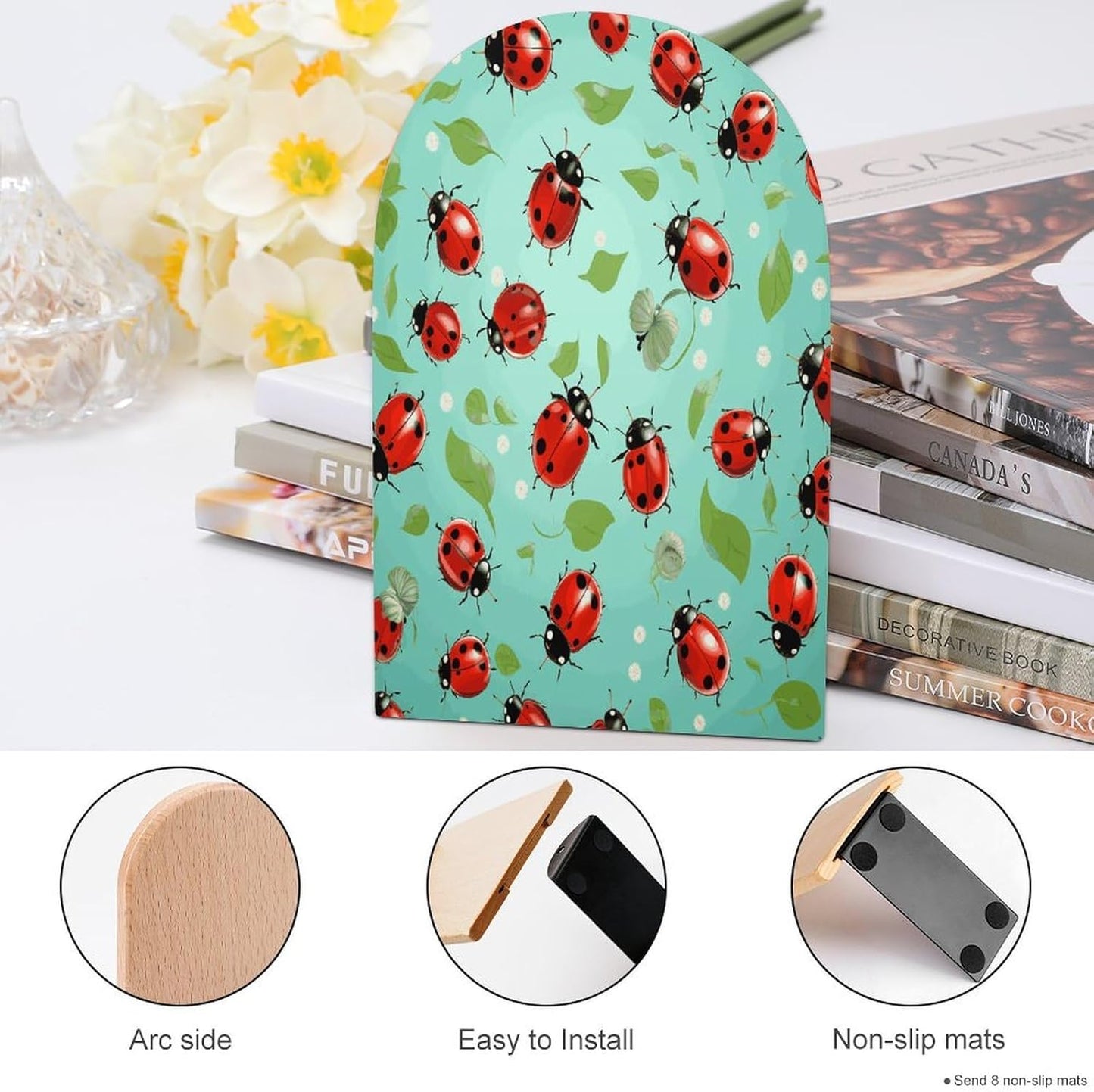 Red Ladybugs On A Blue Background Wooden Bookend Non-Slip Book Ends Heavy Duty Book Stopper with Metal Base Books Holderd Decorative Bookends Stands Firmly for Office Supplies