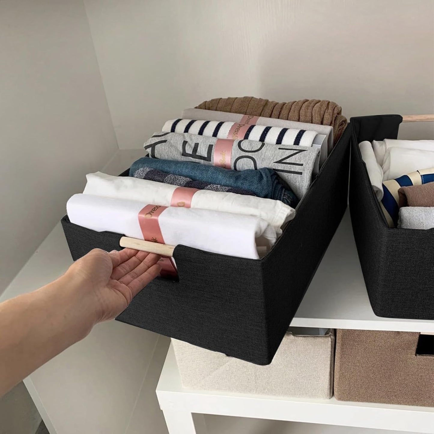 Fabric Storage Basket for Shelves, Collapsible Storage Bins with wood Handles, Rectangle Closet Baskets, Wardrobe Organiser, for Sorting Clothes, Family Items (Black) (1)