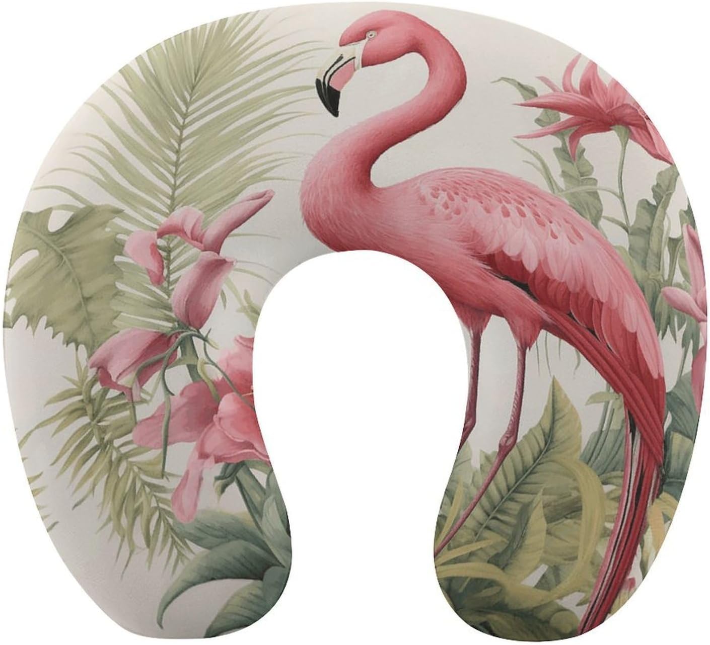 Flamingo and Leaves Neck Pillow Memory Foam U Shaped Pillows Portable Pillows for Shoulder Travel Head Support Pillow with Concealed Zipper for Airplane Car Home Office