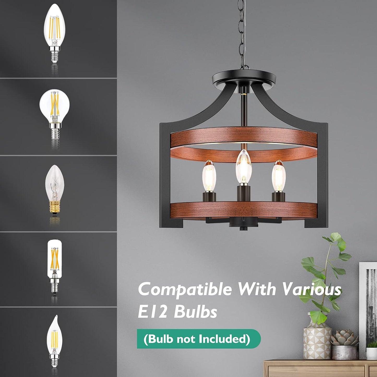 3-Light Farmhouse Chandelier, 14.5” Pendant Hanging Lighting Adjustable Height, Convertible Vintage Semi Flush Mount Ceiling Light Fixture, Rustic Chandeliers for Dining Room Foyer Entryway Kitchen