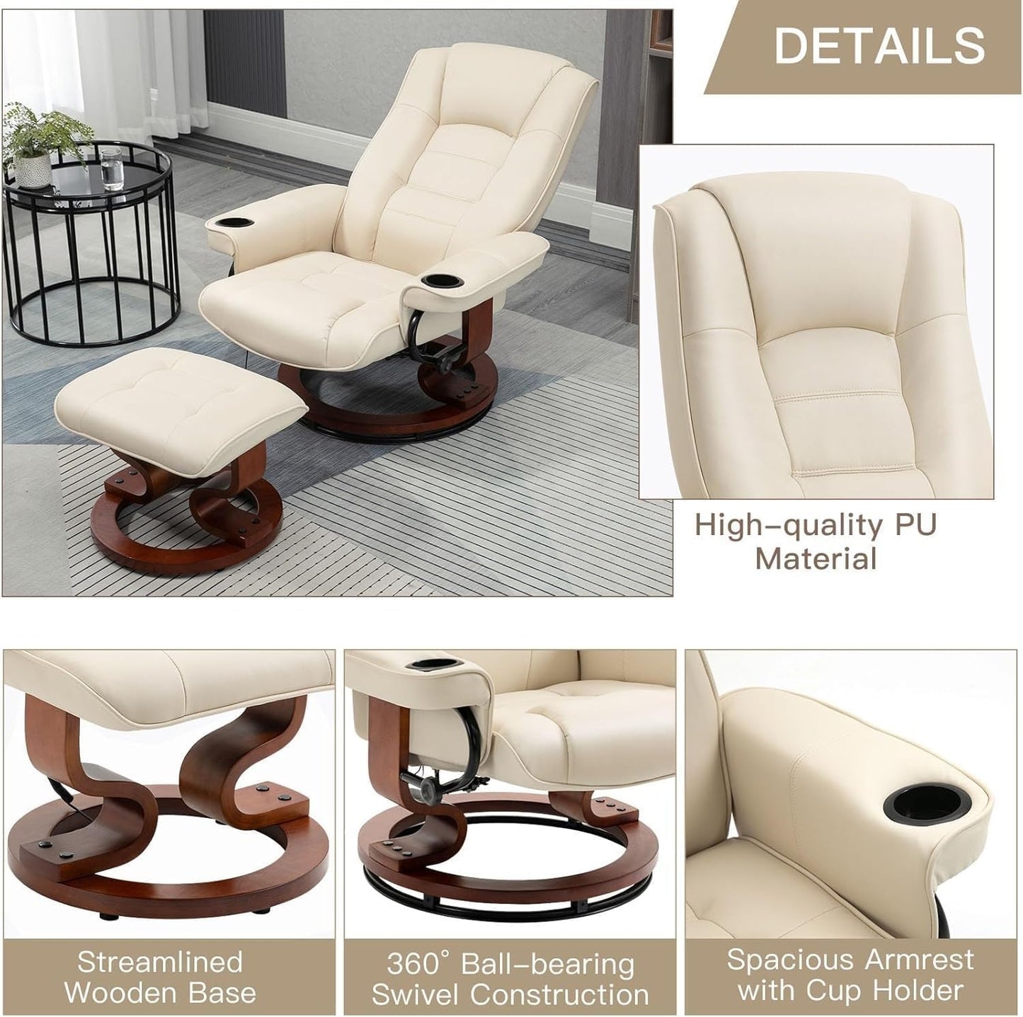 Electric Massage Recliner Chairs with Ottoman Footrest Adjustable Back Faux Leather Swivel Lounge Chair for Living Room Office Bedroom Furniture