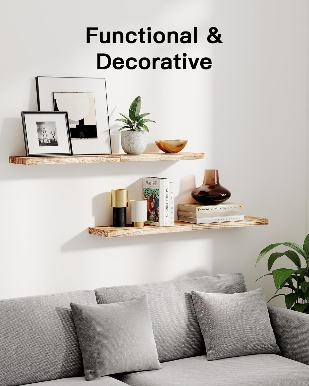 AMADA HOMEFURNISHING Floating Shelves, Paulownia Wood Wall Shelves for Living Room/Bedroom/Kitchen/Home Office, Wood Floating Shelf for Home Storage & Organization Set of 4 15.75" L x 5.91" W x 0.98"H