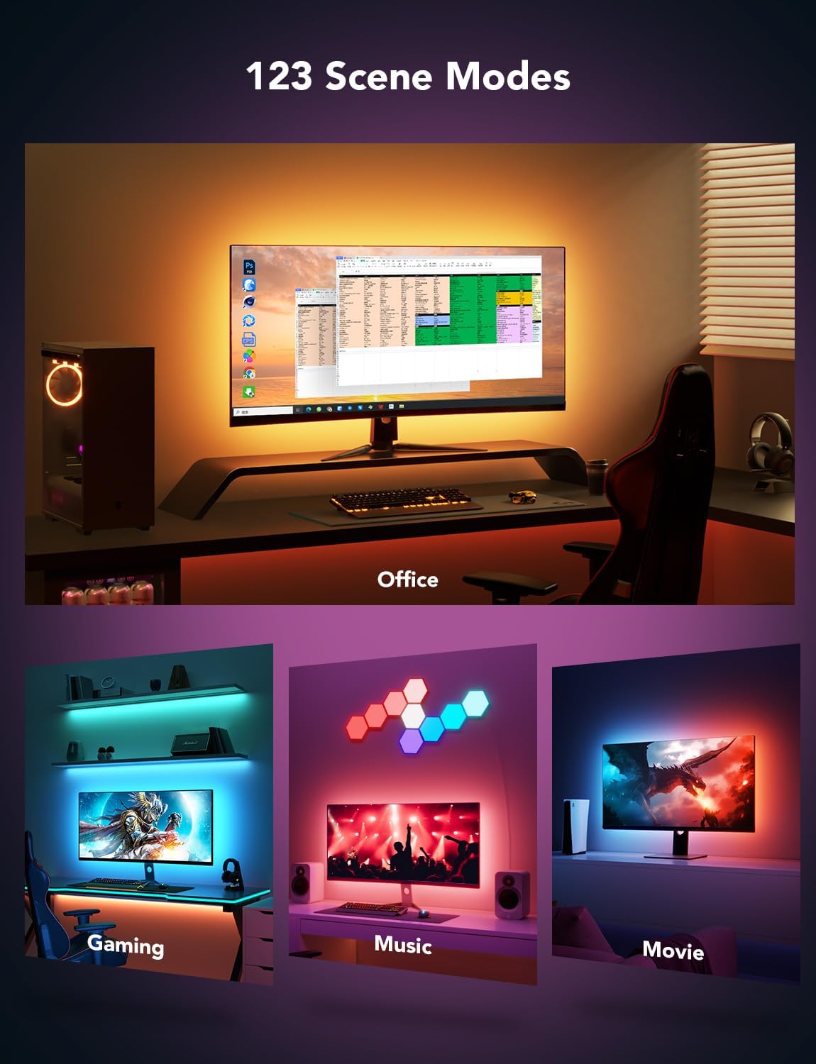 Govee Gaming Light for Monitor G1, RGBIC LED Backlight for 27-34 Inch PC, Smart LED Lights for Monitors with Color Matching, Adapts to Curved Monitors, Double Strip Light Beads with 123 Scene Modes