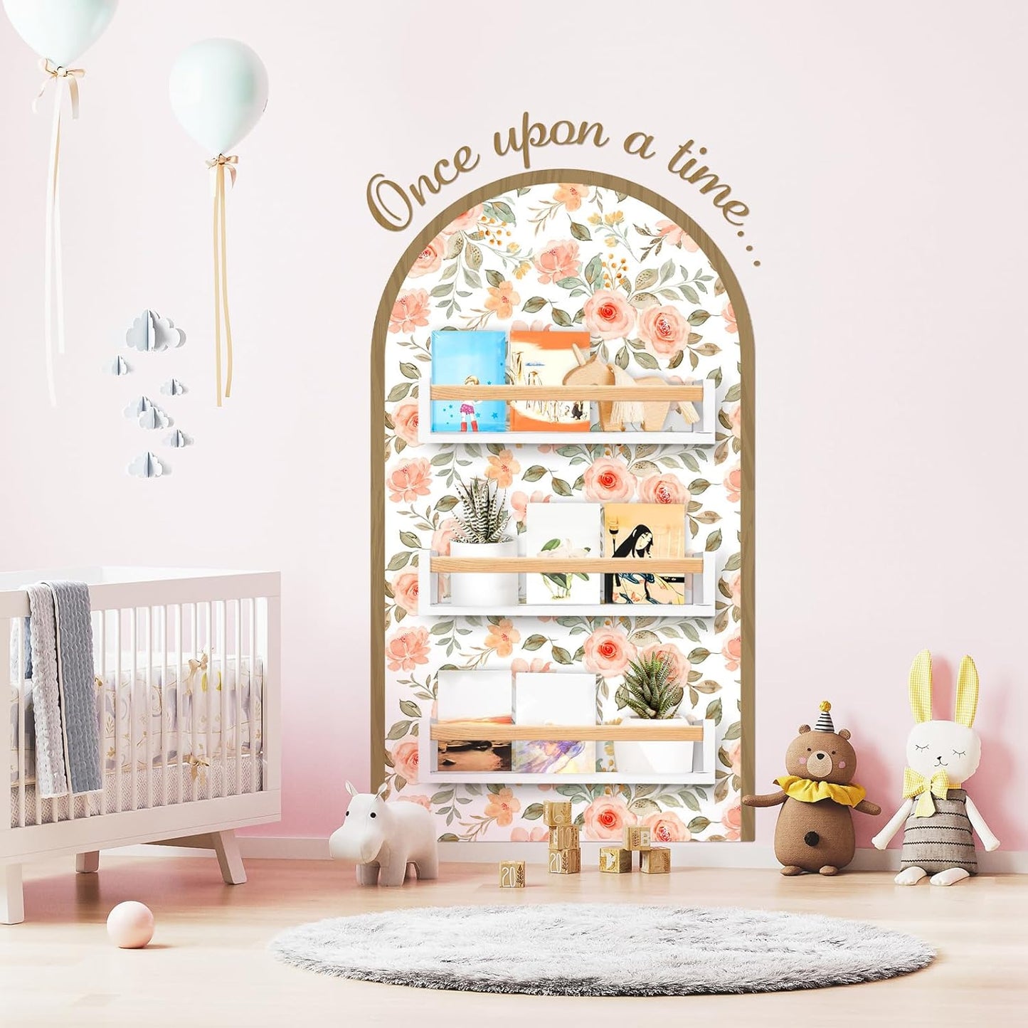 Pinkunn Flower Arch Wall Decals with Wooden Book Shelves Once Upon a Time Sign Decals Peel Bedroom Reading Corner Decor Hanging Decor for Family Wall Bookshelf Bedroom Living Room