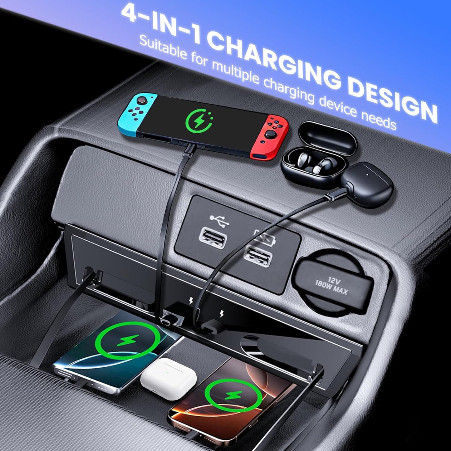 Center Console USB Hub Compatible with Honda Civic 2022 2023 2024 2025, 120W 4-Port Retractable Car Fast Charging Cables Docking Station