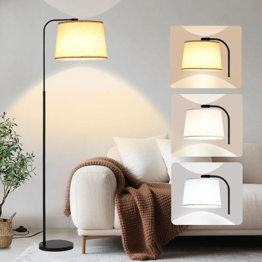 Arc Floor Lamps for Living Room, Modern Floor Lamp for Bedroom, Foot Pedal Control Standing Lamps with Adjustable Linen Lampshade, Tall Lamp with 9W Bulb for Office Reading Room Nursery (Black)