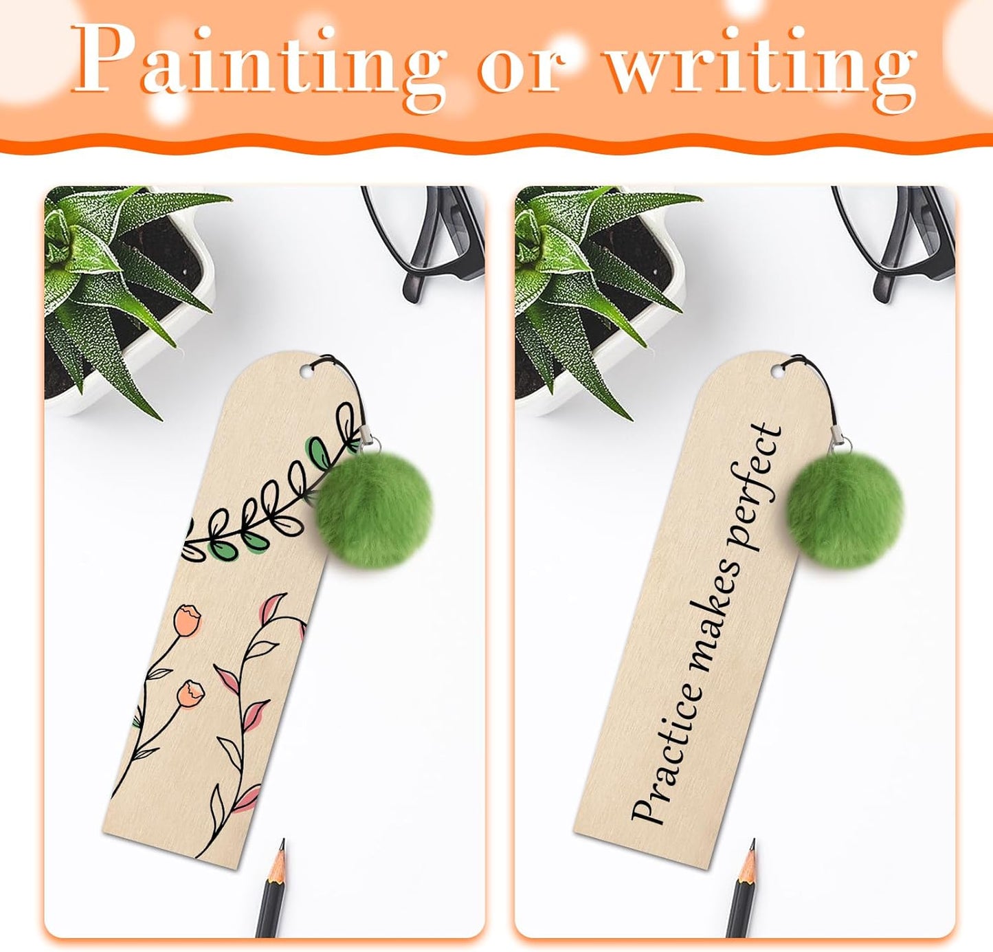 30 Pcs Wooden Bookmark,5.7x1.5 in Blank Bookmarks to Decorate with 30 Pcs Colorful Pom Pom Bookmark Tassels,Wooden Bookmarks for Books, Keys, Bags