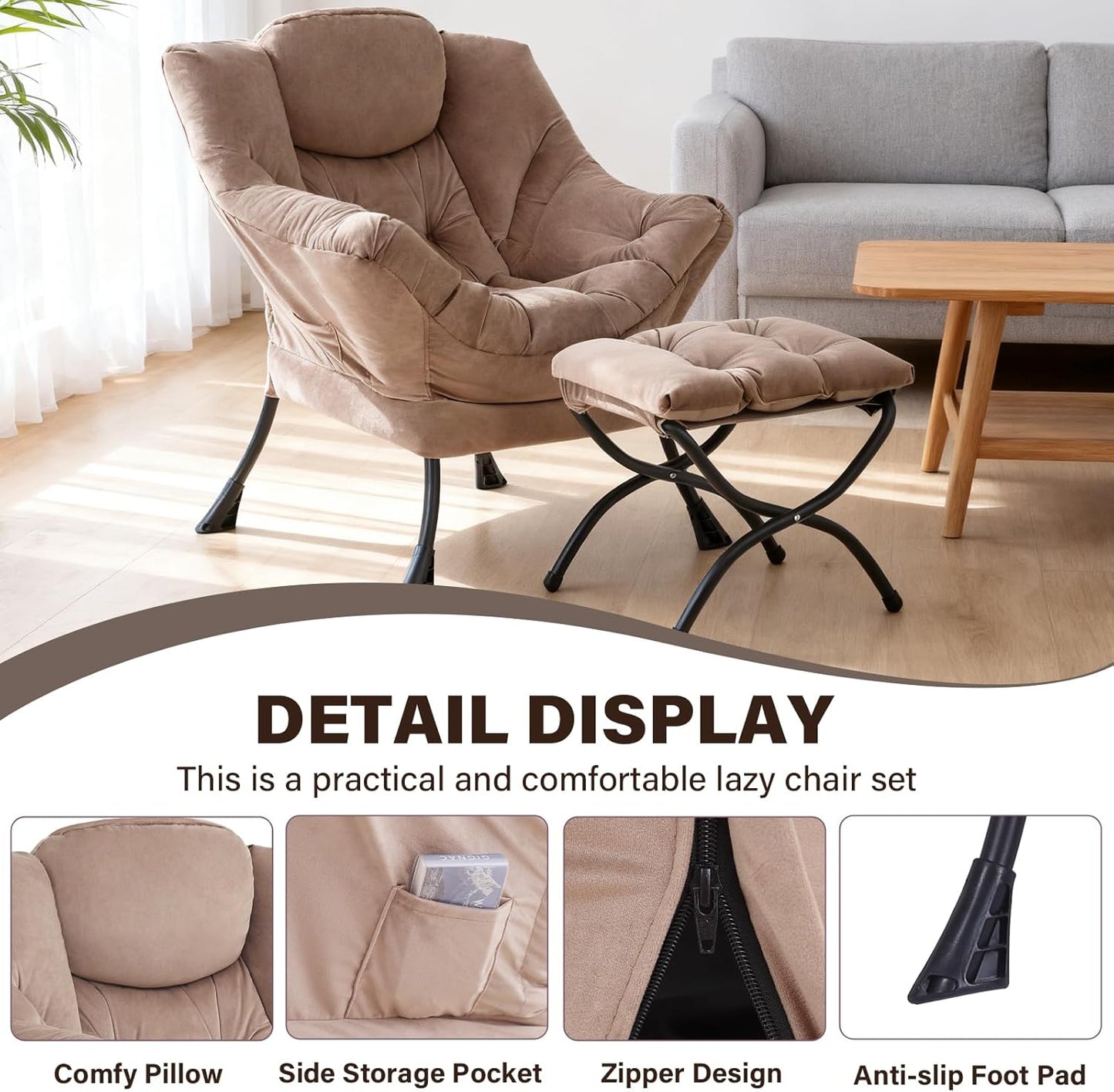 Lazy Chair with Ottoman, Modern Accent Chair Contemporary Sofa Chair with Armrests, Reading Chair and Folding Footstool Set for Living Room, Bedroom, Office, Khaki