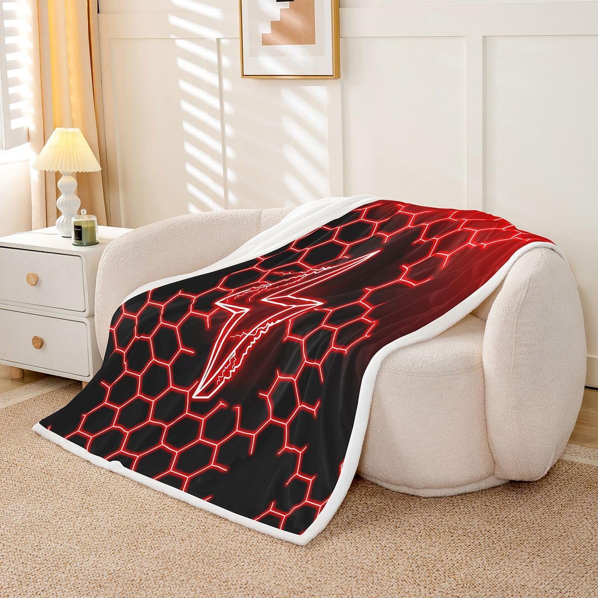 Feelyou Lightning Fleece Throw Blanket Twin 60"x80" for Bed Sofa Couch Red Honeycomb Fuzzy Blanket Geometric Gaming Design