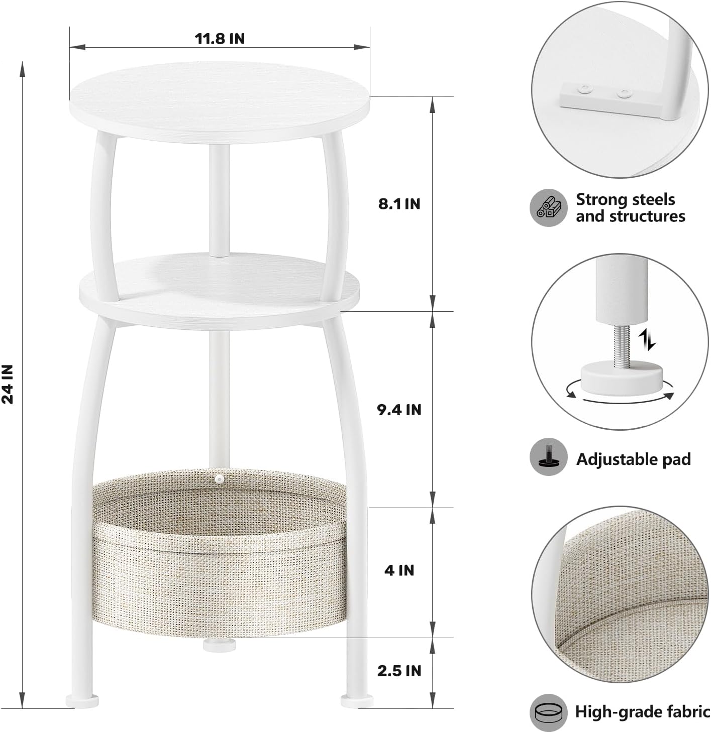Small Round Side Table for Living Room with Storage Basket –Small Space Saving End Table 3-Tier Nightstand Couch Corner Stand Bedroom, Garden and More 24in Tall Matte White
