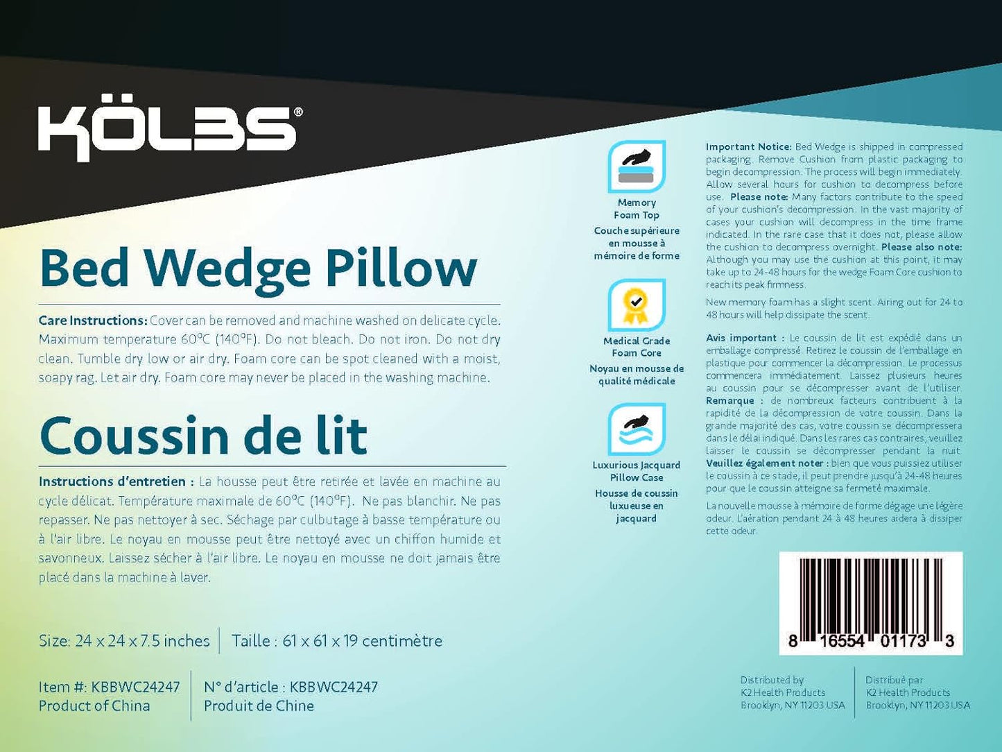 Kolbs Bed Wedge Pillow for Sleep Apnea, FSA Eligible Acid Reflux, and Back Pain Relief, with Chic Jacquard Cover - Headboard Wedges for Sleeping (Standard Width 7.5" Height)
