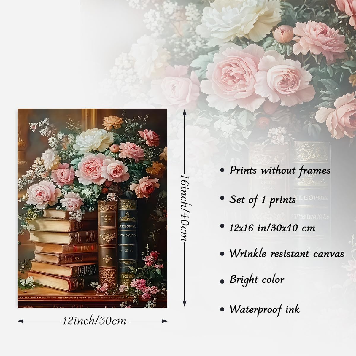 Dazzlewall Vintage Floral Books Wall Art Poster, Classical Rose Flowers Book Aesthetic Artwork Print Study Bedroom Reading Room Canvas Print, 12x16 in Unframed