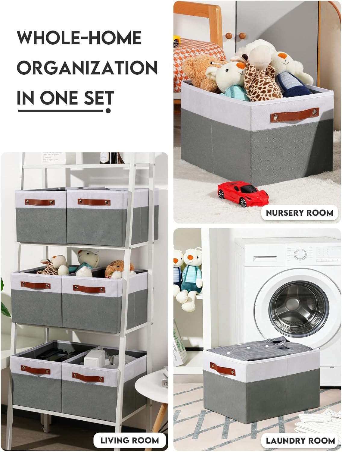 [6-Pack] Fabric Storage Bins (15x11x9.5”) – Reinforced 2.5mm Cardboard Shelf Bins with PU Leather Handles – Durable Storage Baskets for Closet Organization, Toy Organizer, & Home Office – White&Grey