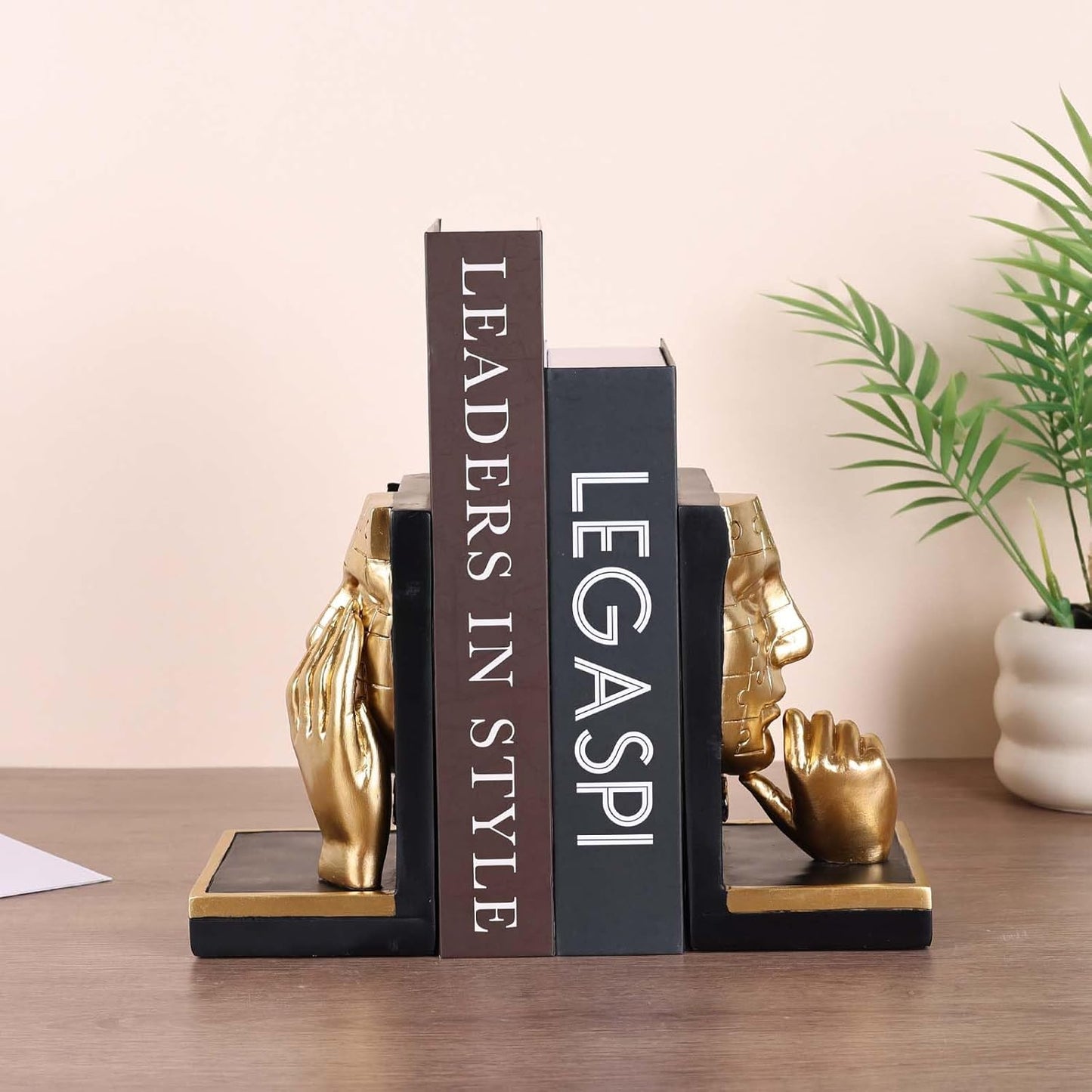 Abstract Decorative Bookends, Thinking Man Statue for Shelves, Heavy Bookends for Large Books, Handcrafted Resin Art for Home and Office Decor, Aesthetic Desk Organizer for Bookshelves (Black Gold)