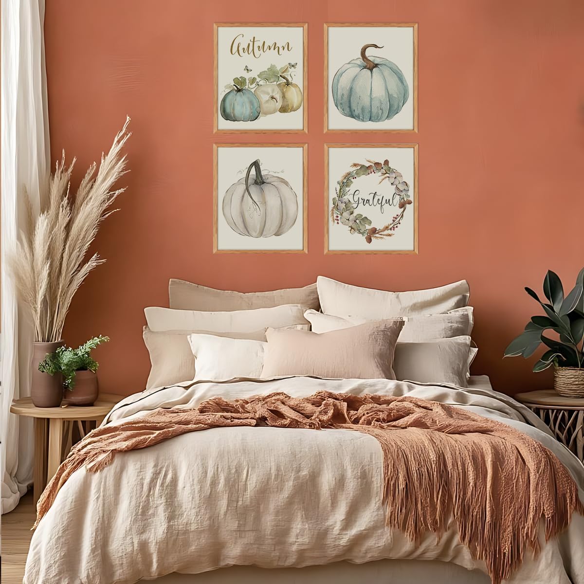 ETVISO Fall Wall Art Prints Decor Set of 4, Autumn Rustic Watercolor Pumpkin Floral Decor, Fall Decorations for Farmhouse Bedroom Living Room Home Porch Office, 8x10 (Unframed)