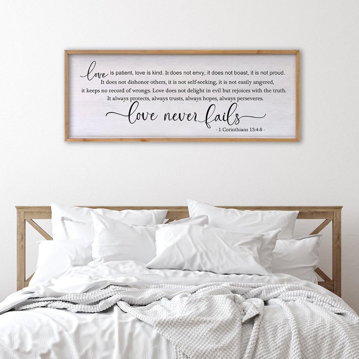 Love Is Patient Love Is Kind Wall Art – 32x12 Inch Framed Inspirational Scripture Sign, Wooden Christian Home Decor with 1 Corinthians 13 Message for Living Room, Bedroom, Wedding Gift