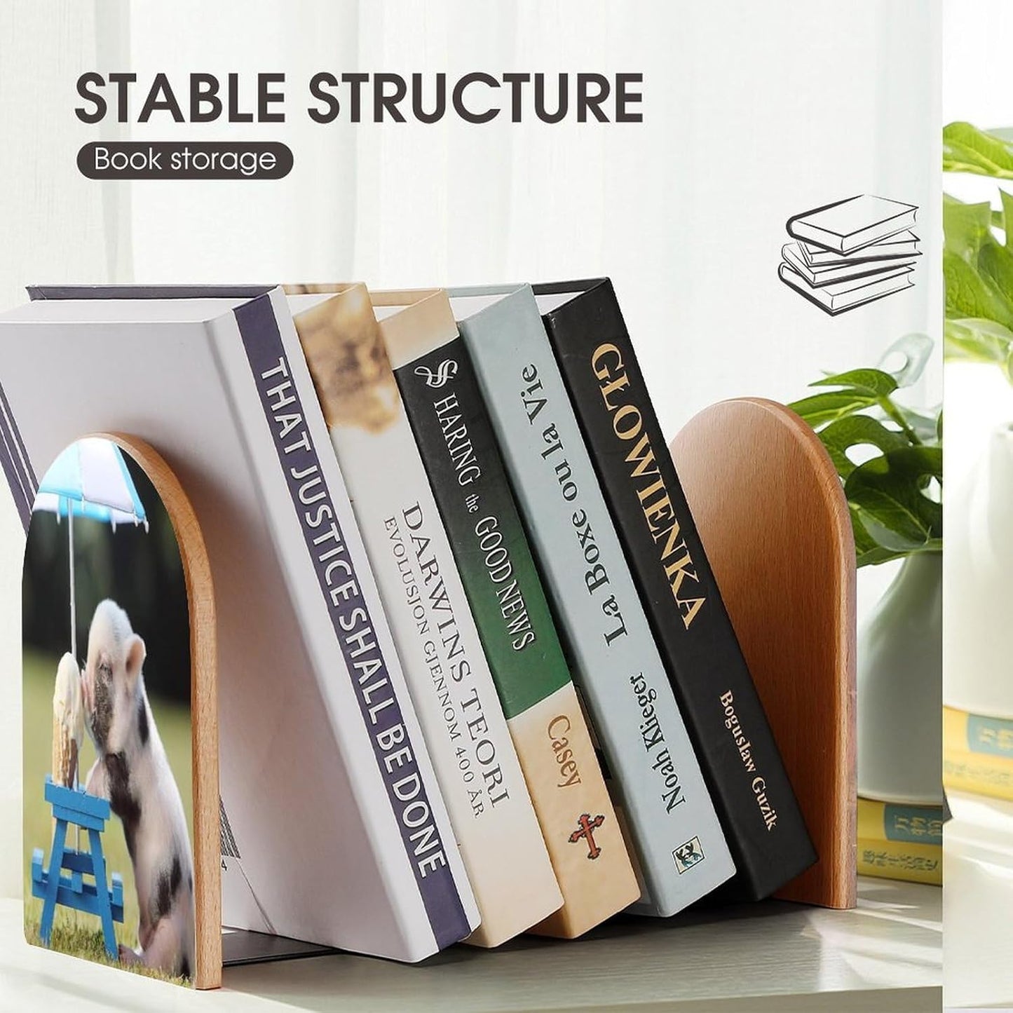 Pigs Eating Ice Cream Wooden Bookend Non-Slip Book Ends Heavy Duty Book Stopper with Metal Base Books Holderd Decorative Bookends Stands Firmly for Office Supplies