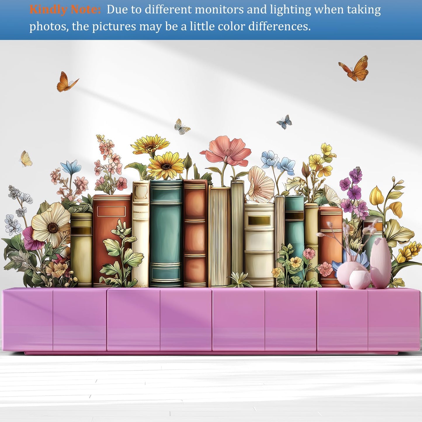 Flowers Books Wall Decals Peel and Stick, Vintage Floral Botanical Library Vinyl Wall Decor, Butterflies Removable Room Home House Wall Stickers & Murals for Bedroom Living Room Office