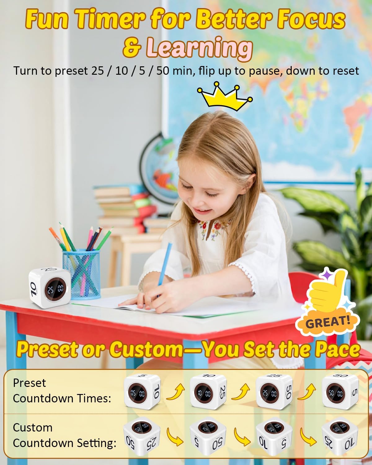 Digital Pomodoro Timer Cube 5/10/25/50min, Visual Productivity Flip Timer for Kids Classroom Desk, Custom Countdown, Silent and Sound Mode for ADHD Study Work Game Kitchen (White)