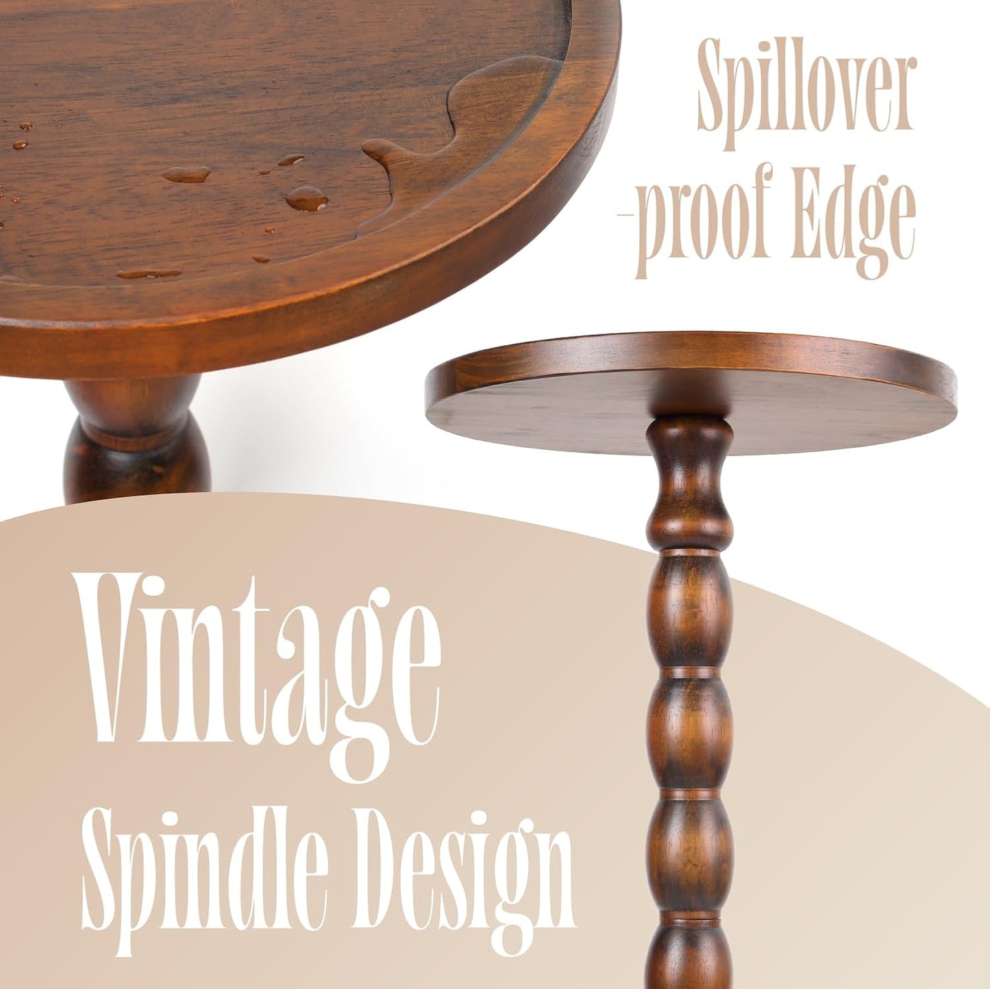 Solid Wood Round Pedestal Side Table with Tray-Top Rim – Bobbin Turned Accent End Table for Living Room, Bedroom – Compact Small Round Drink Table with Stable Base, Nightstand with Solid Table Wood