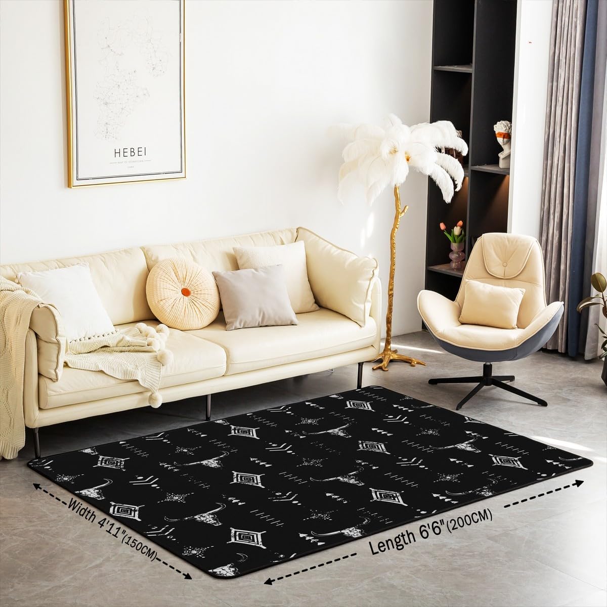 Erosebridal Bull Skull Area Rug 6'6" x 4'11" Western Living Room Rugs Bohemian Ethnic Cow Head Decorative Carpet for Men Tribal Horns Black Silver Geometric Aesthetic Art Lightweight Indoor Floor Mat