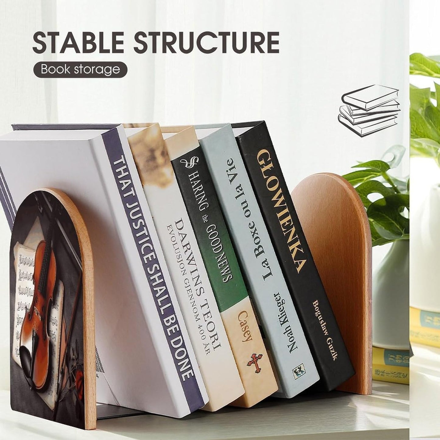 Violin Sheet Music Bookend for Shelves Wooden Book End Large Size Sturdy Book Holders Stoppers with Metal Base for Bookshelves Slick Decorative Bookends Stands
