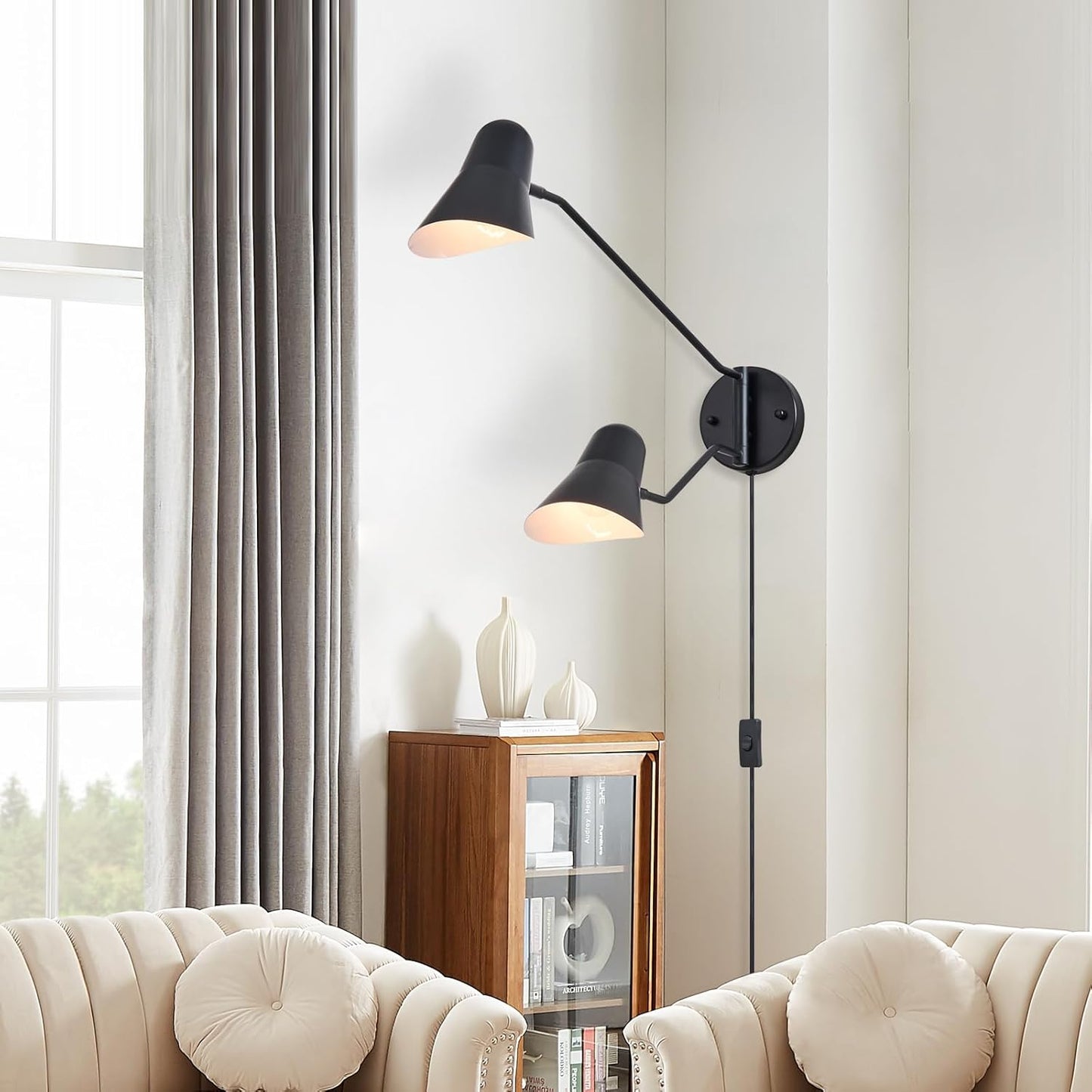 Modern 2-Lights Swing Arm Wall Sconces Black Plug in Wall Light 180° Rotatable Wall Mount Lamp with ON/Off Cord for Bedroom, Living Room, E26 Base