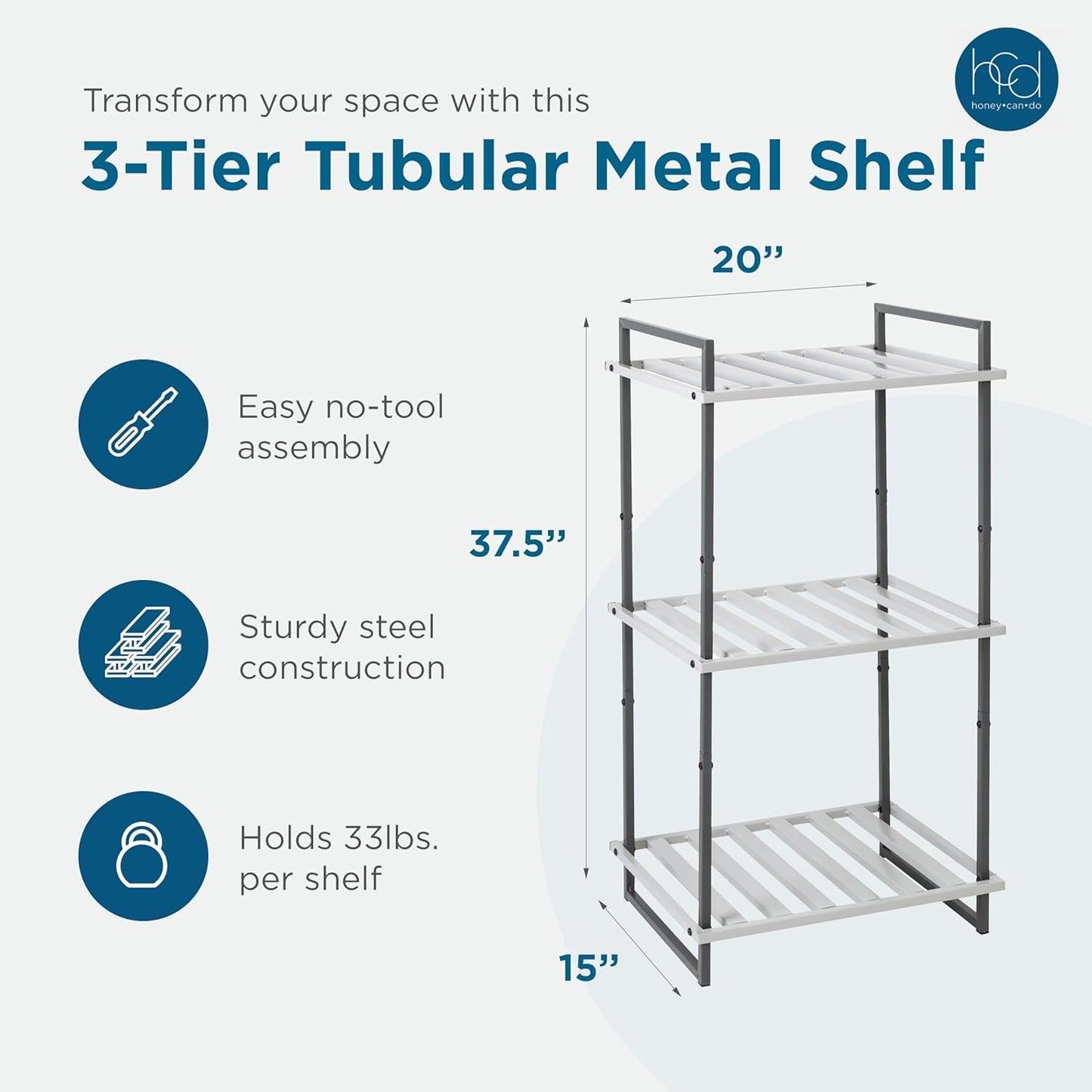 Honey-Can-Do 3-Tier Bookshelf, Book Shelf, Industrial Bookcase, with Steel Frame, for Living Room, Home Office, Bedroom, Gray and White