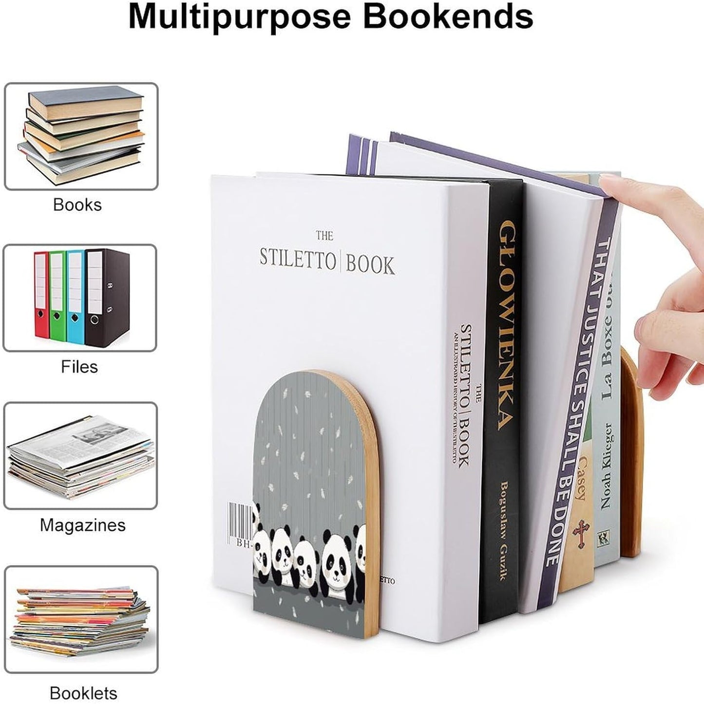 Funny Baby Panda Bookends 1 Pair Heavy Duty Book Ends for Shelves Non-Skid Bookend Supports Wooden Book Holders with Metal Base Desk Organizers Books Storage to Hold Books