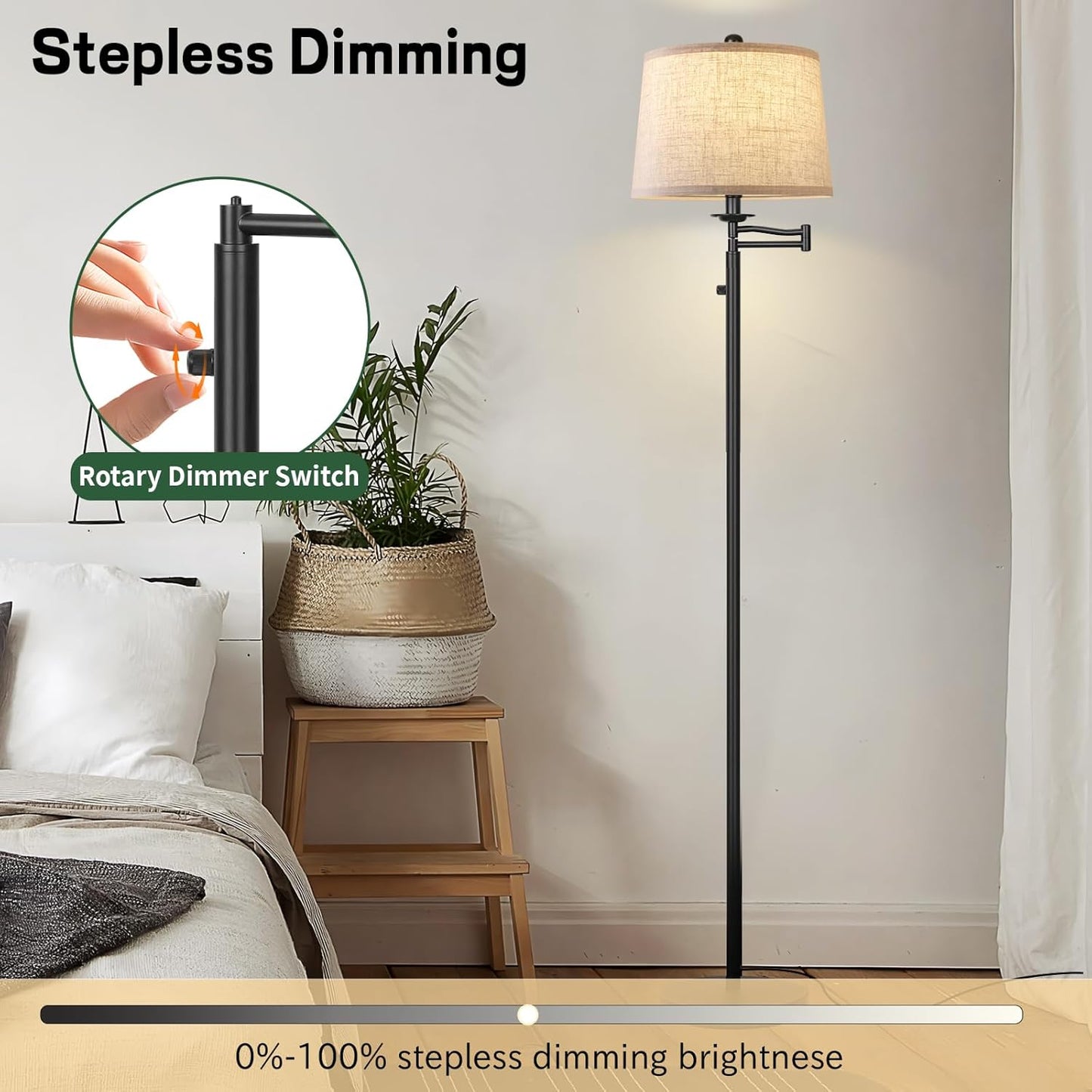 Dimmer LED Floor Lamp,Tall Standing Lamp with Swing Arm,Black Lamp with Dimmer LED Bulb,Elegant Floor Lamp for Living Rooms & Bedroom (Black)
