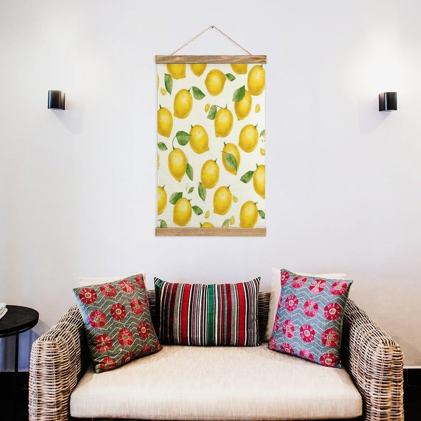 Vintage Yellow Lemon Poster with Wooden Frame Personalized Linen Hanging Scroll Painting Rustic Wall Hanging Illustrative Modern Artwork Decor for Home Living Room Bedroom Office