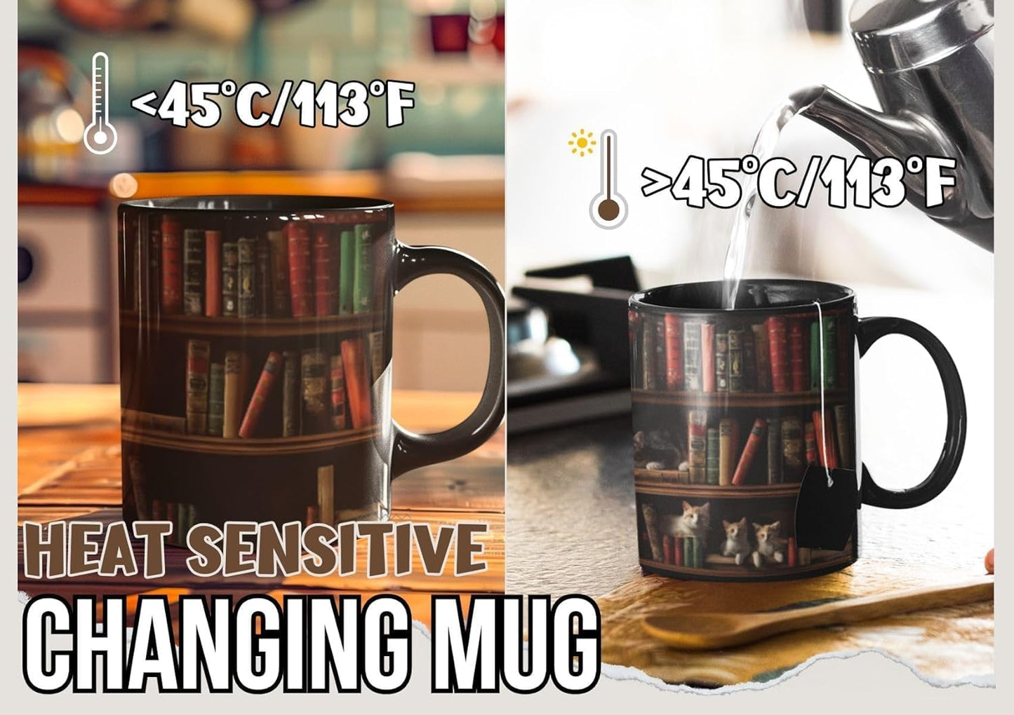 Onebttl Cat Gifts Coffee Mug, Heat Sensitive Magic Mug for Book Lovers, Friends on Birthday, Christmas, Funny Bookish gifts, 12oz