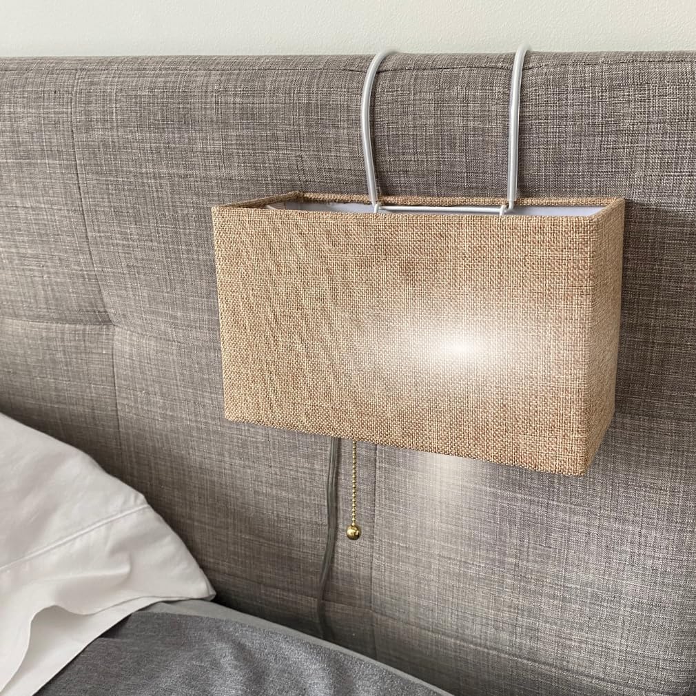 Evelots Bed Headboard Reading Lamp Book Light -Soft Reading Light Lamp for Bedroom with Tan Rectangle Shade - 2 Size Hooks to Fit Most Beds