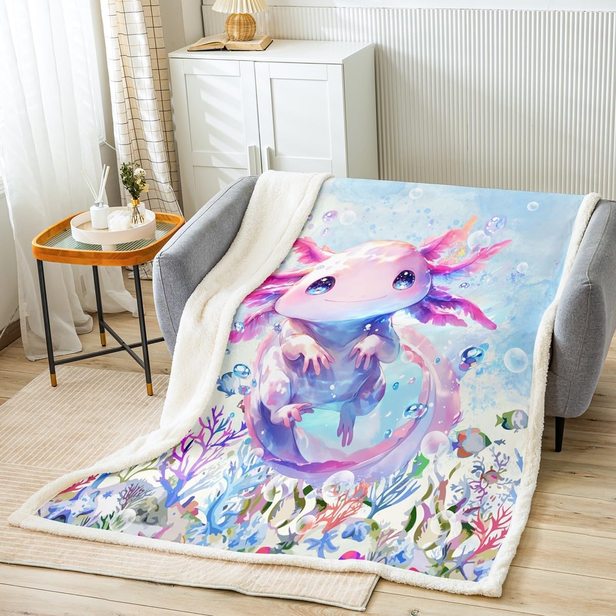 Feelyou Boys Girls Cute Axolotl Fleece Throw Blanket Ocean Sealife Plush Blanket for Bed Sofa Couch Kids Kawaii Sherpa Blanket Cartoon Salamander Teens Fuzzy Blanket Bedroom Decor Throw 50"x60"